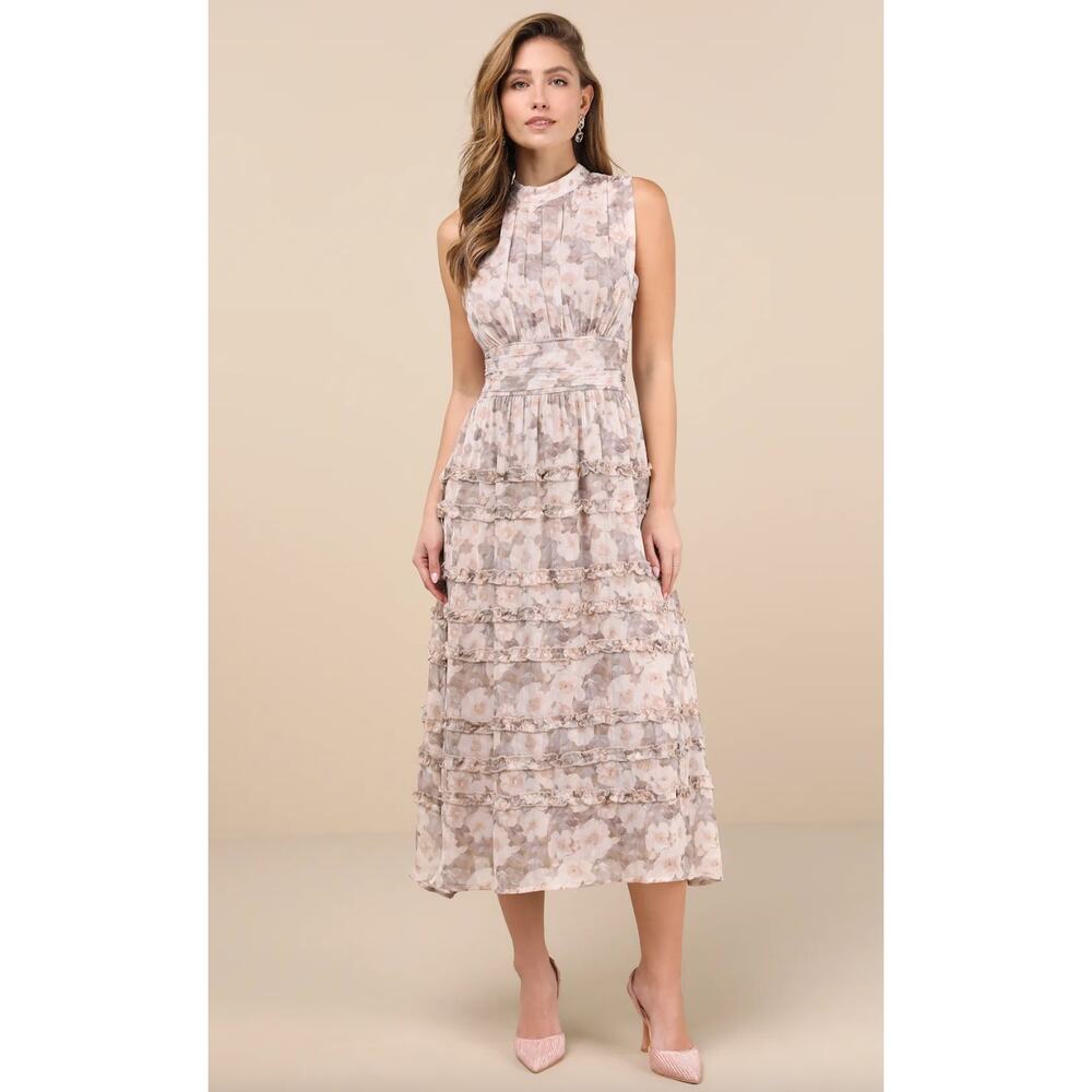 Lulus Happily Sweet Beige Floral Mock Neck Backless Midi Dress Cocktail S NWT